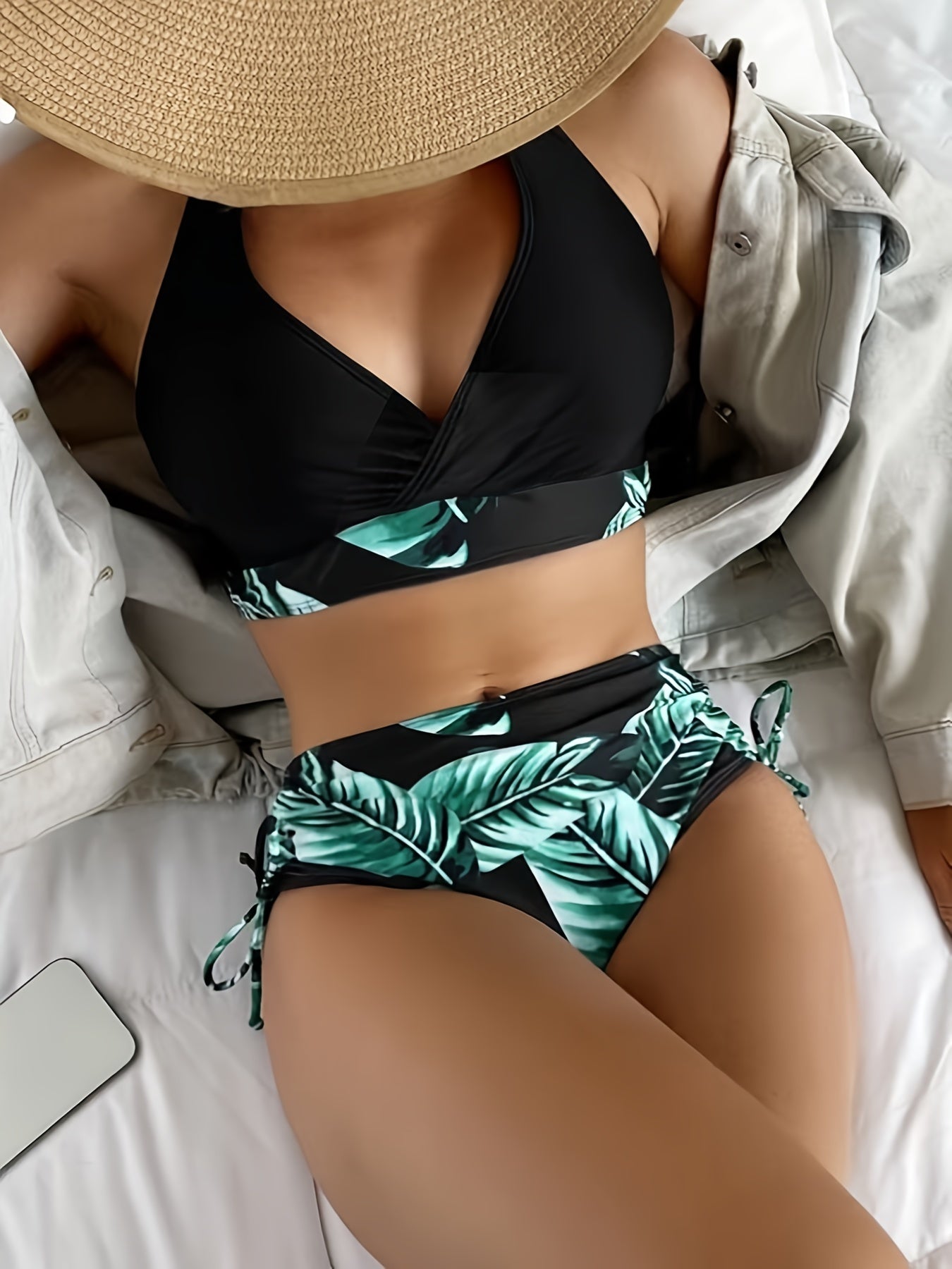 Vzyzv Contrast Leaf Print Halter Neck Bikini Sets, Drawstring Tie Side High Cut Two Piece Swimsuit, Women's Swimwear & Clothing