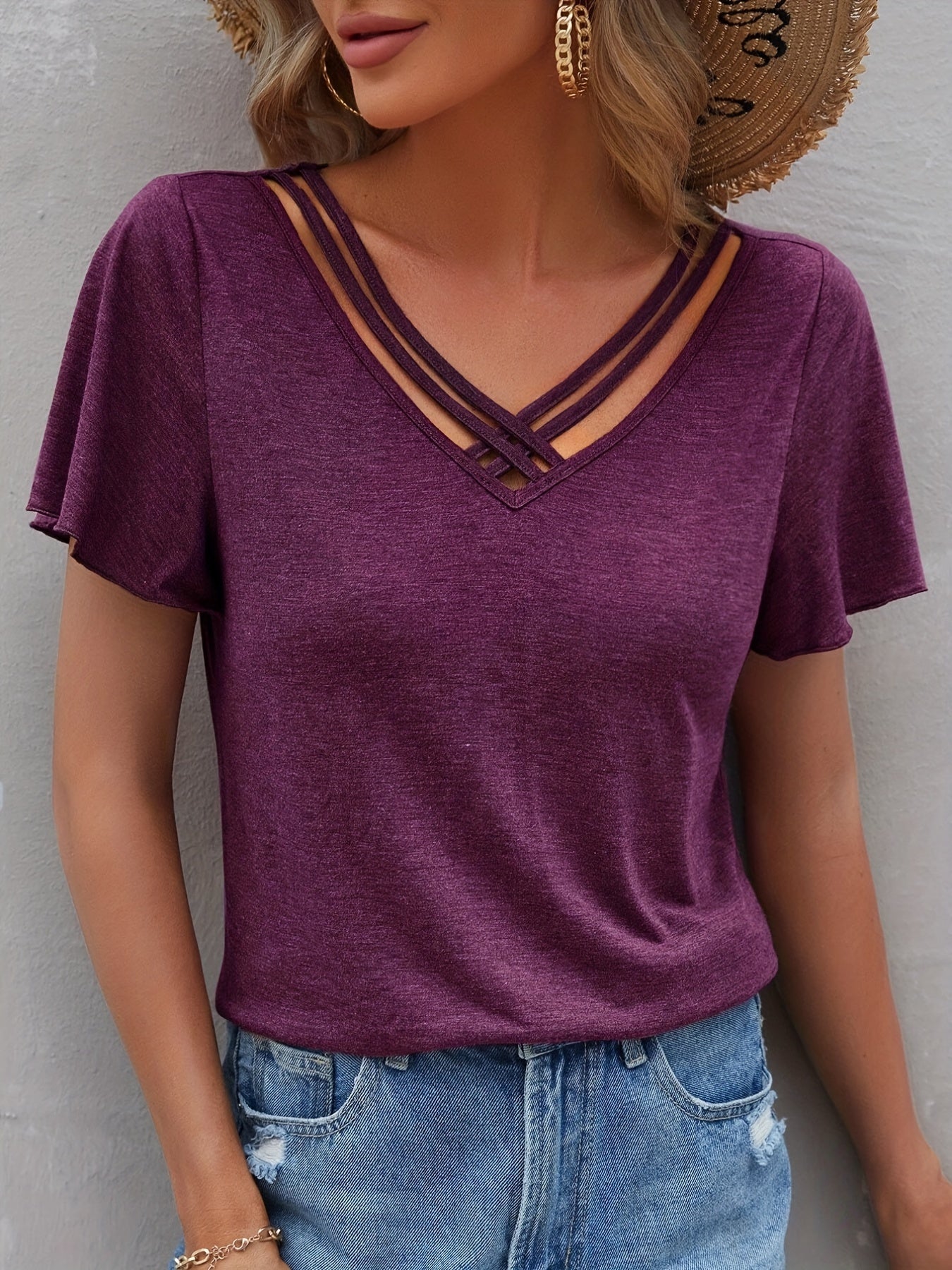 Vzyzv Criss Cross V Neck T-shirt, Casual Short Sleeve Summer Simple T-shirt, Women's Clothing