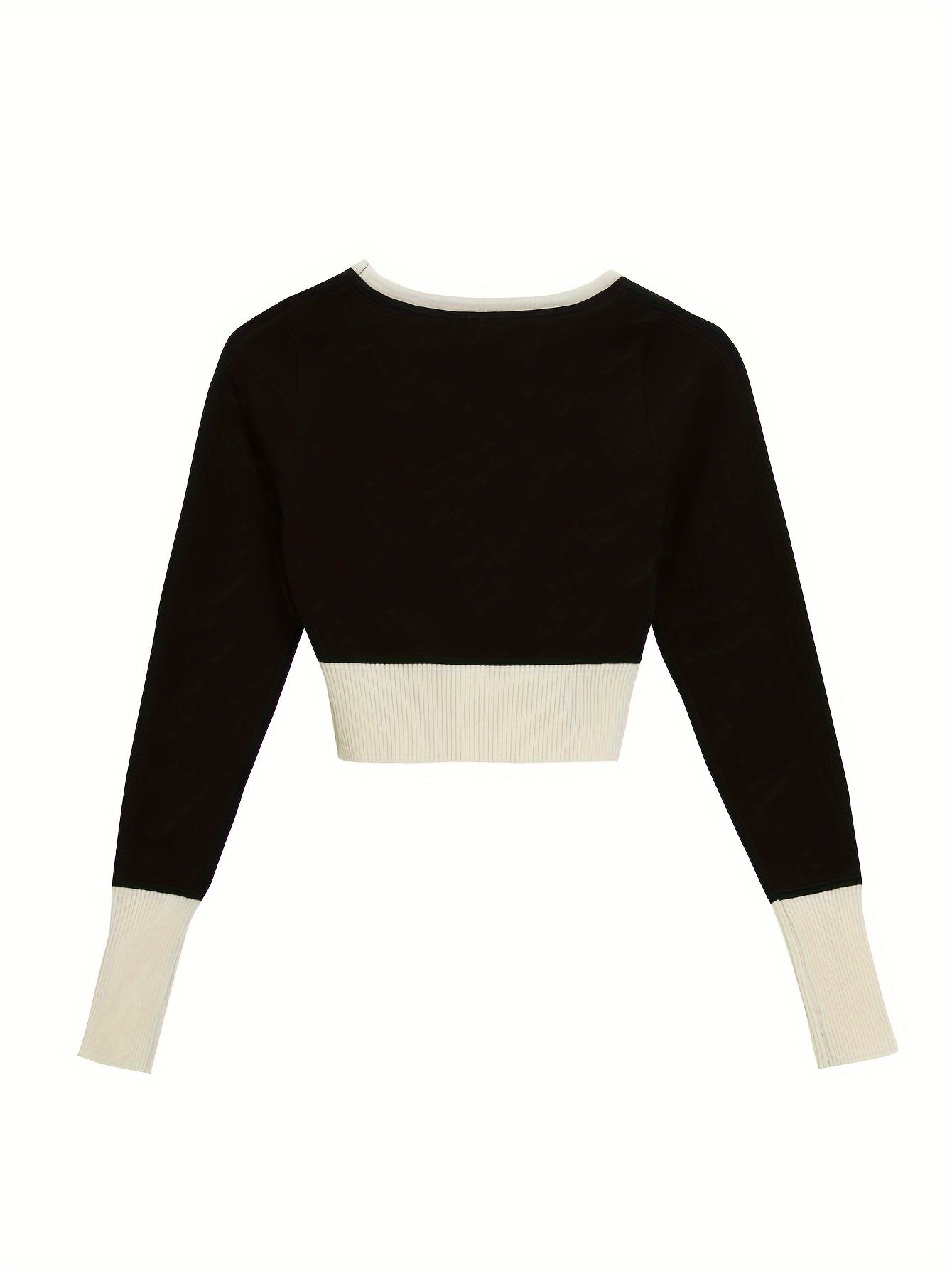 Vzyzv Color Block Scoop Neck Knitted Top, Vintage Long Sleeve Crop Fashion Sweater, Women's Clothing