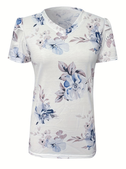 Vzyzv Vintage Floral Print T-Shirt, Random Print V Neck Short Sleeve Casual Top For Summer & Spring, Women's Clothing