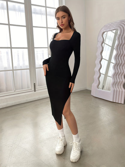 Vzyzv Solid Side Split Dress, Casual Slim Long Sleeve Midi Dress, Women's Clothing