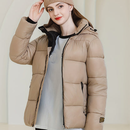 Vzyzv Solid Zipper Front Hooded Coat, Versatile Long Sleeve Warm Winter Outwear, Women's Clothing