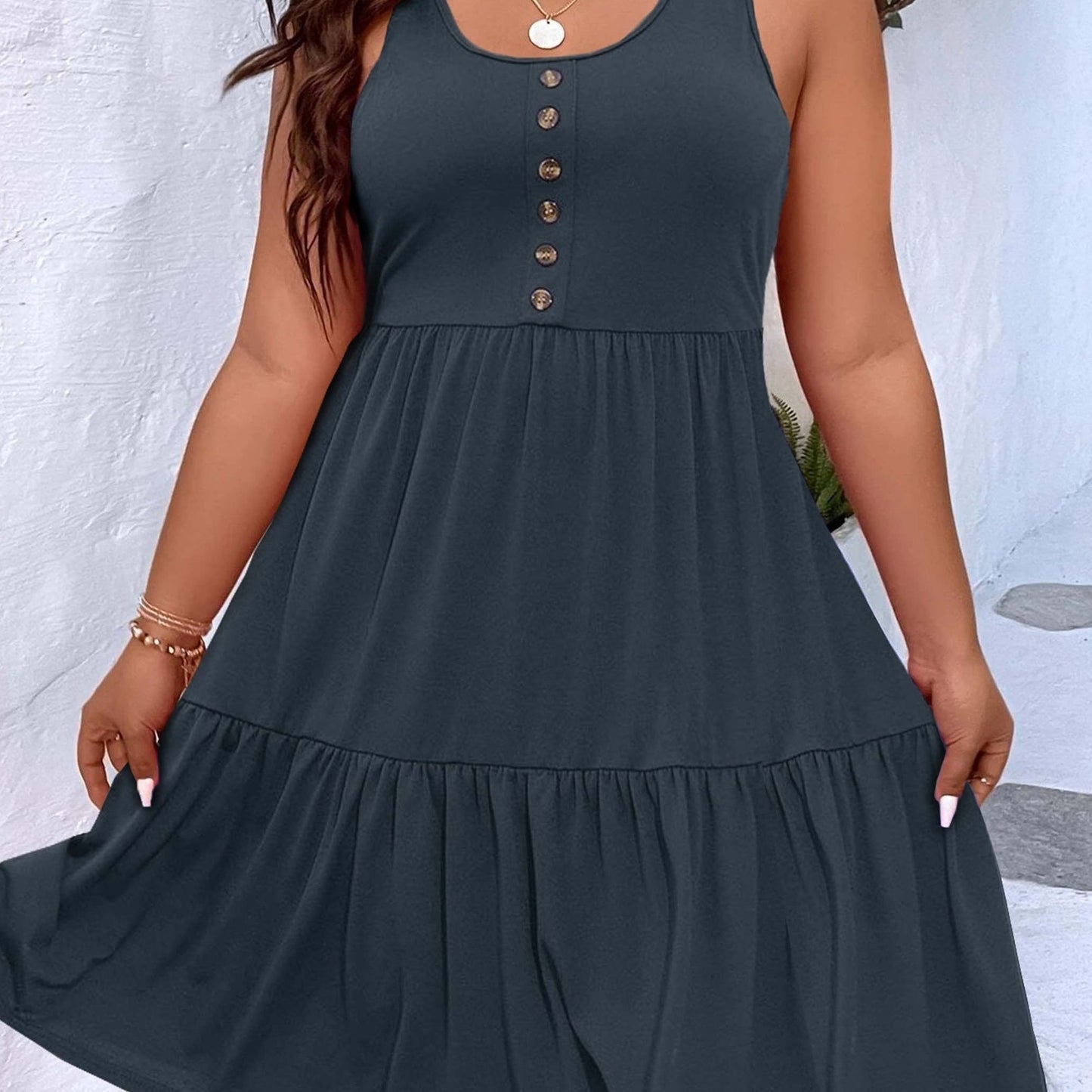 Vzyzv Plus Size Casual Loungewear, Women's Plus Ruffled Hem Button Detail Medium Stretch Comfort Tank Dress