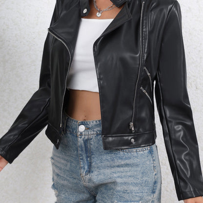 Vzyzv Faux Leather Zip Up Jacket, Biker Long Sleeve Jacket For Fall & Winter, Women's Clothing