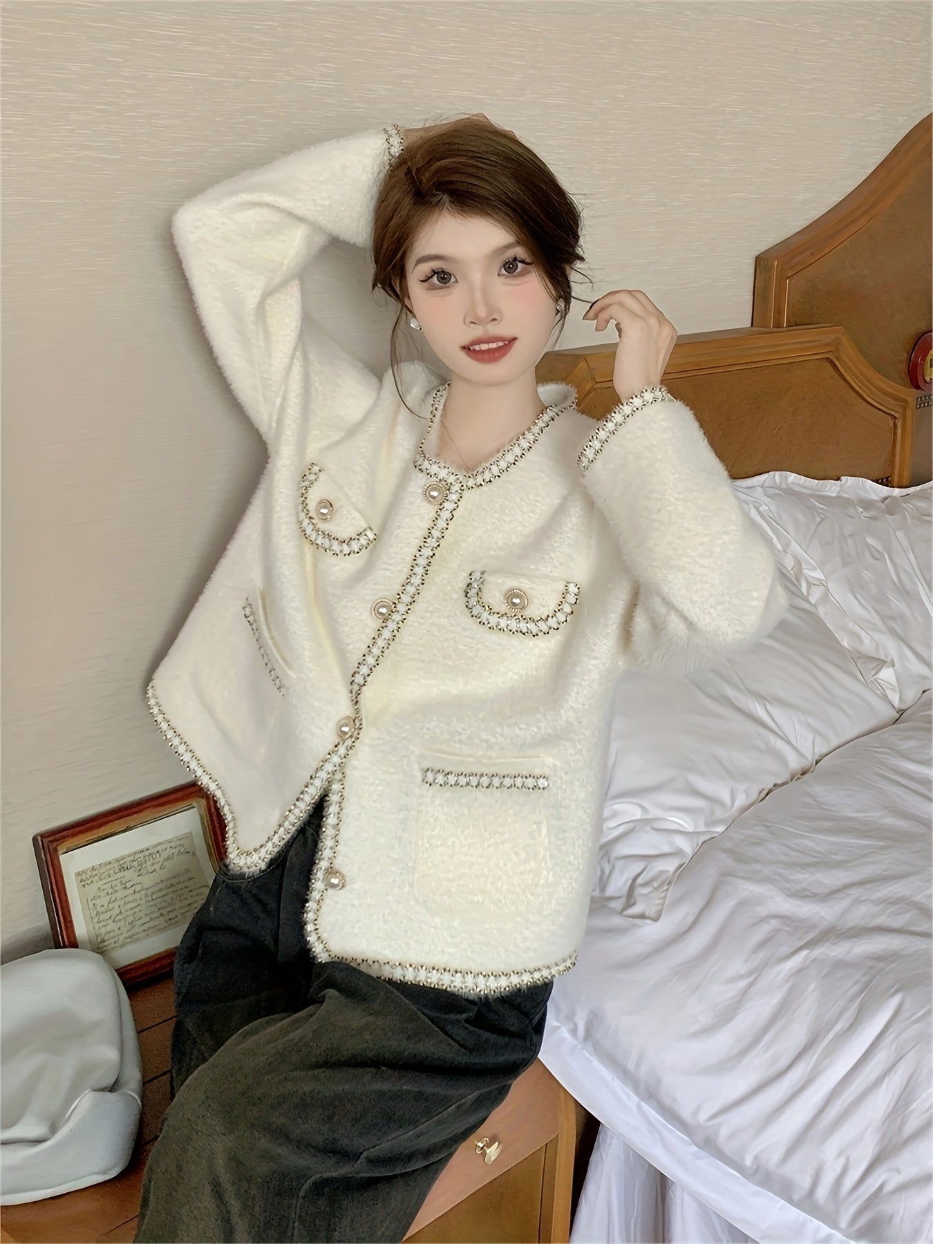 Vzyzv Contrast Trim Button Down Knit Cardigan, Elegant Long Sleeve Cozy Sweater, Women's Clothing
