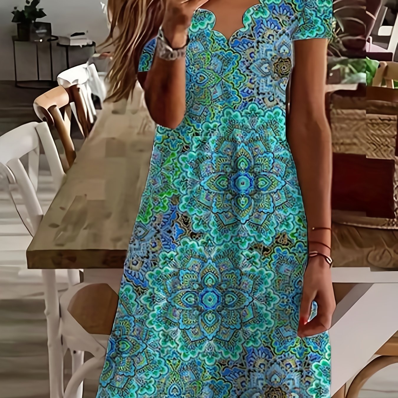 Vzyzv Scallop Trim Random Floral Print Dress, Casual V Neck Short Sleeve Dress, Women's Clothing