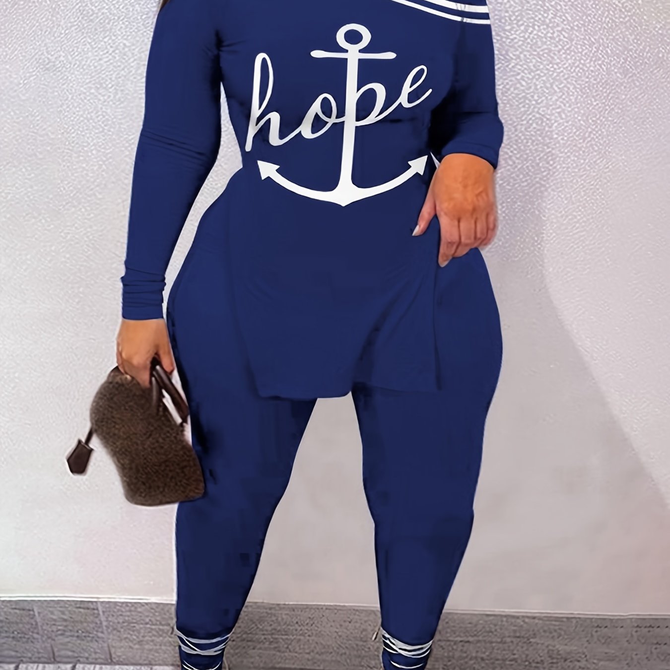 Vzyzv Plus Size Casual Outfits Two Piece Set, Women's Plus Letter & Anchor Print One Shoulder Split Hem Top & Leggings Outfits 2 Piece Set