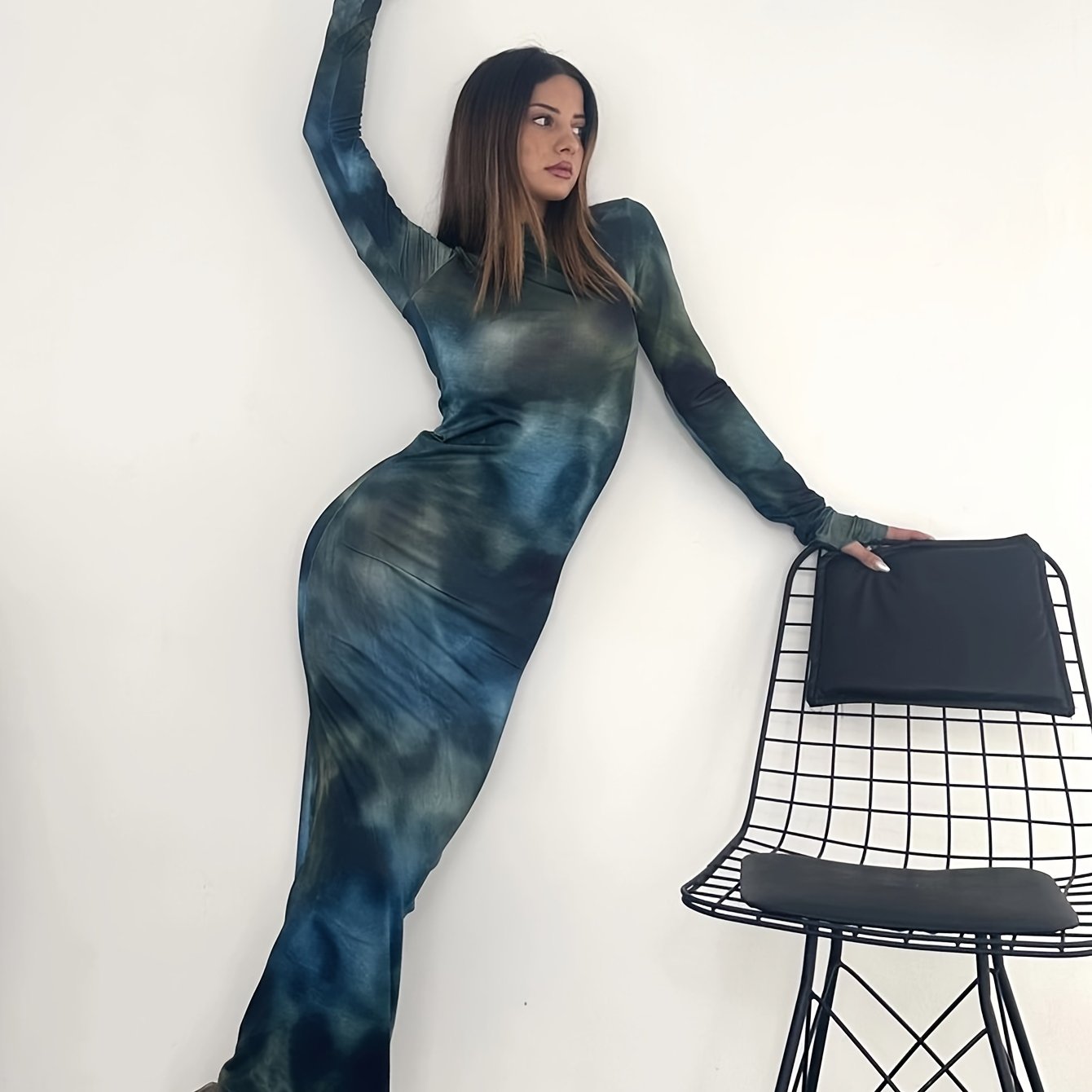 Vzyzv Tie Dye Long Sleeve Bodycon Dress, Y2K Crew Neck Maxi Dress, Women's Clothing