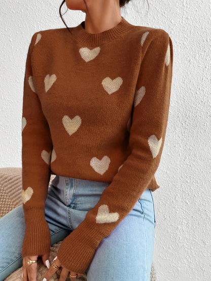 Vzyzv Heart Pattern Crew Neck Sweater, Casual Long Sleeve Pullover Sweater, Women's Clothing