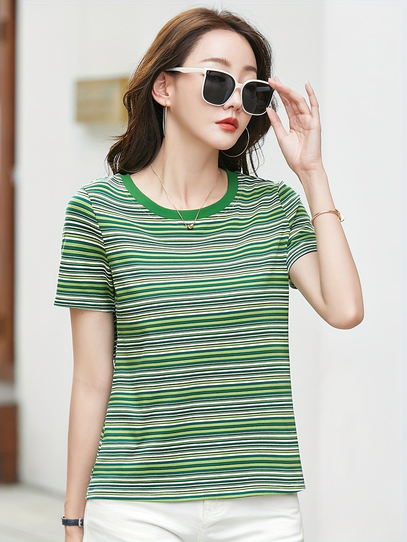 Vzyzv Striped Crew Neck T-shirt, Elegant Short Sleeve T-shirt For Spring & Summer, Women's Clothing