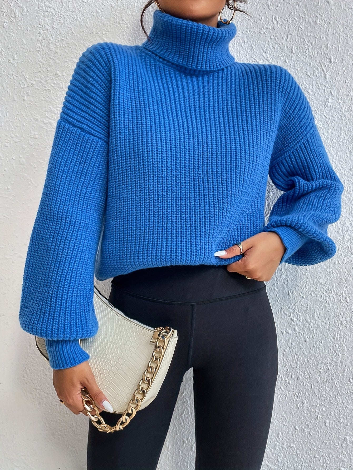 Vzyzv Solid Turtleneck Pullover Sweater, Elegant Long Sleeve Drop Shoulder Sweater, Women's Clothing