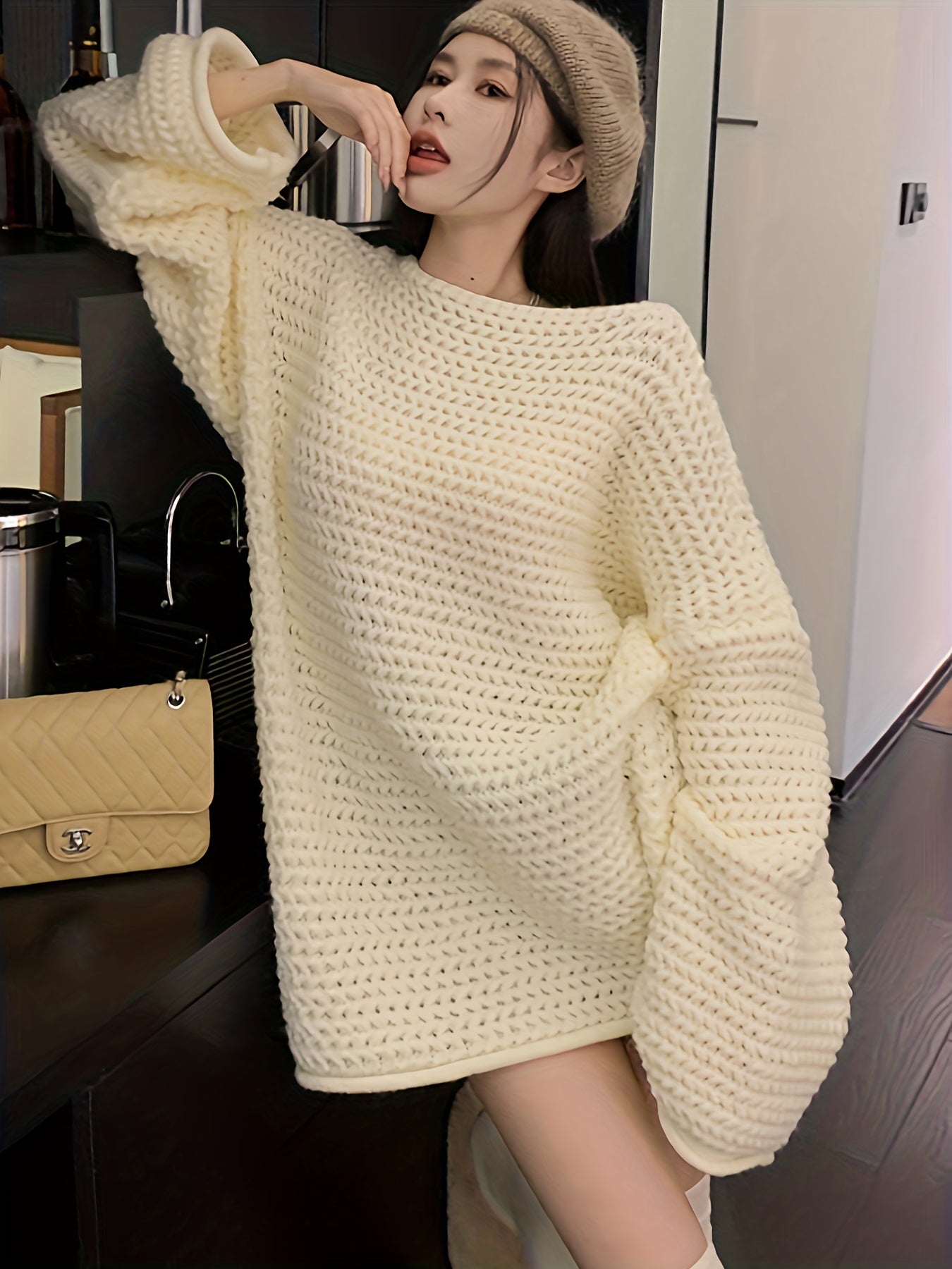 Vzyzv Solid Loose Knitted Pullover Sweater, Casual Long Sleeve Sweater For Fall & Winter, Women's Clothing