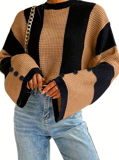 Vzyzv Striped Flare Sleeve Pullover Sweater, Casual Button Decor Crew Neck Knitted Top, Women's Clothing