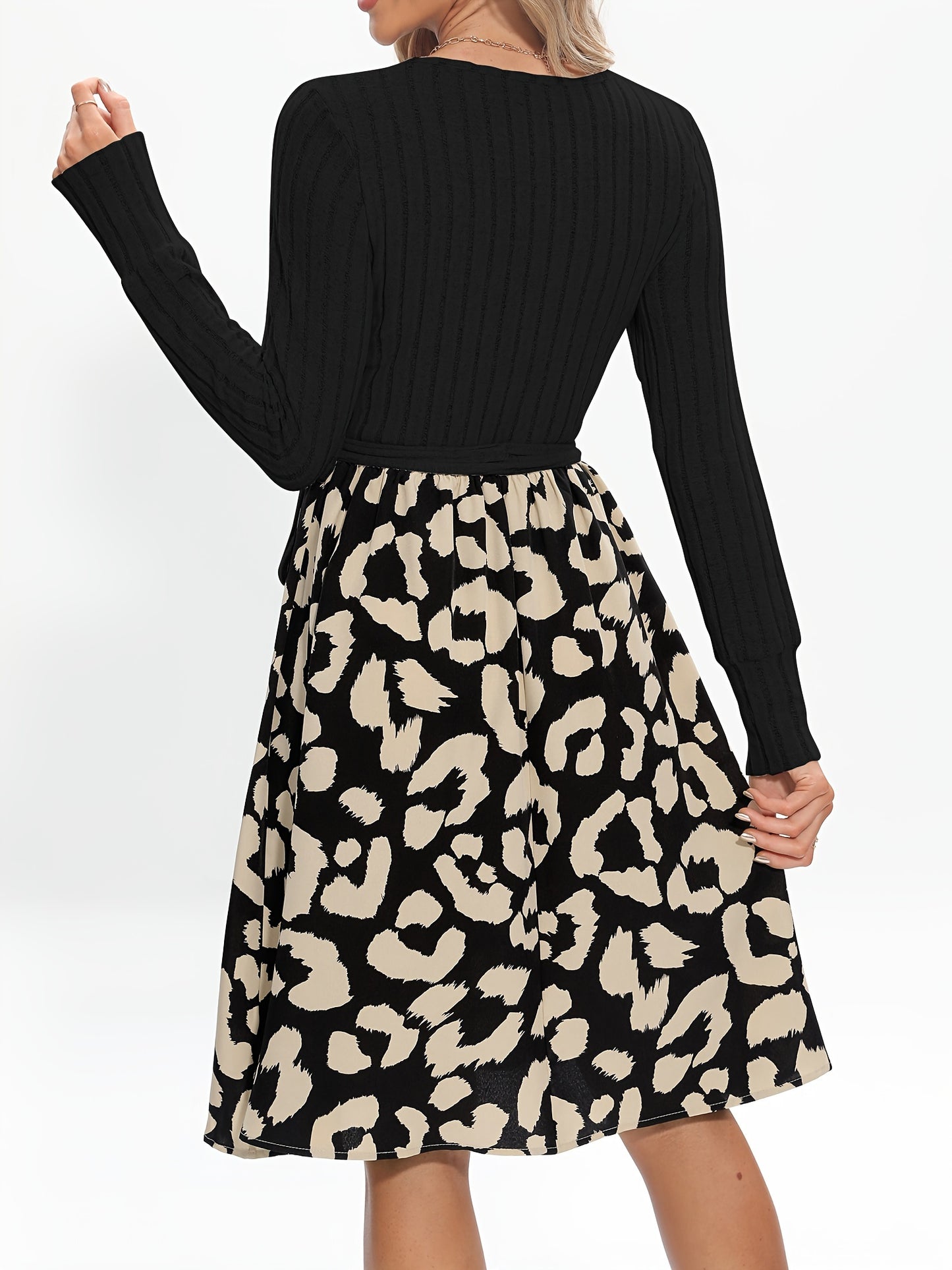 Vzyzv Leopard Print Splicing Dress, Elegant Crew Neck Long Sleeve Dress, Women's Clothing