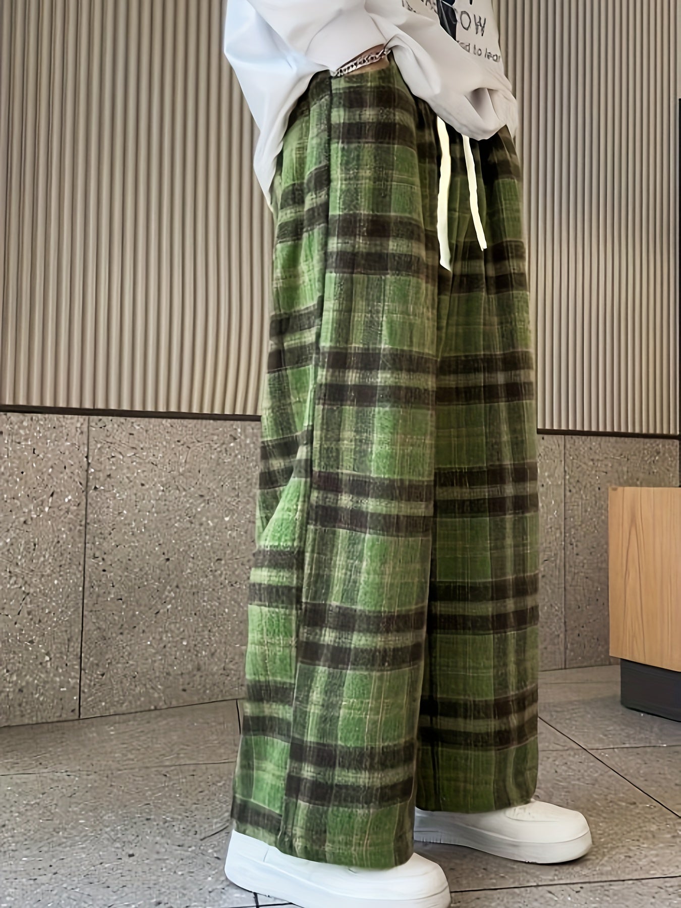 Vzyzv Plaid Pattern Drawstring Pants, Vintage Wide Leg Pants For Spring & Fall, Women's Clothing