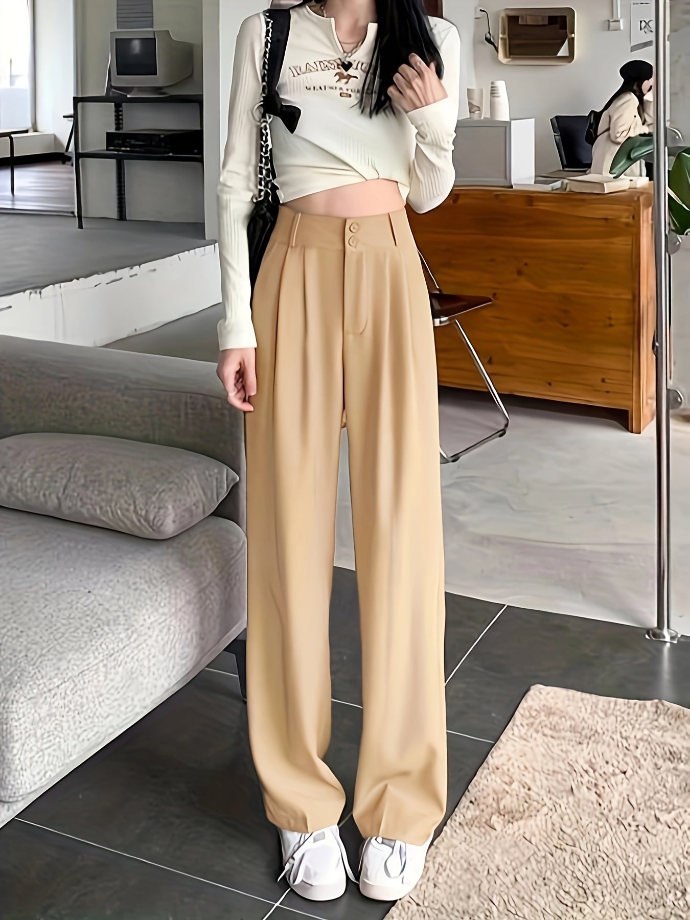 Vzyzv Solid Color Straight Leg Pants, Casual High Waist Loose Pants For Spring & Fall, Women's Clothing