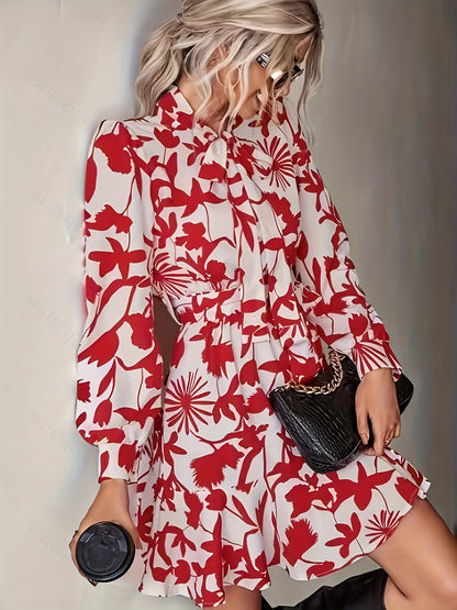 Vzyzv Floral Print Tie Neck Dress, Elegant Long Sleeve Ruffle Hem Dress, Women's Clothing