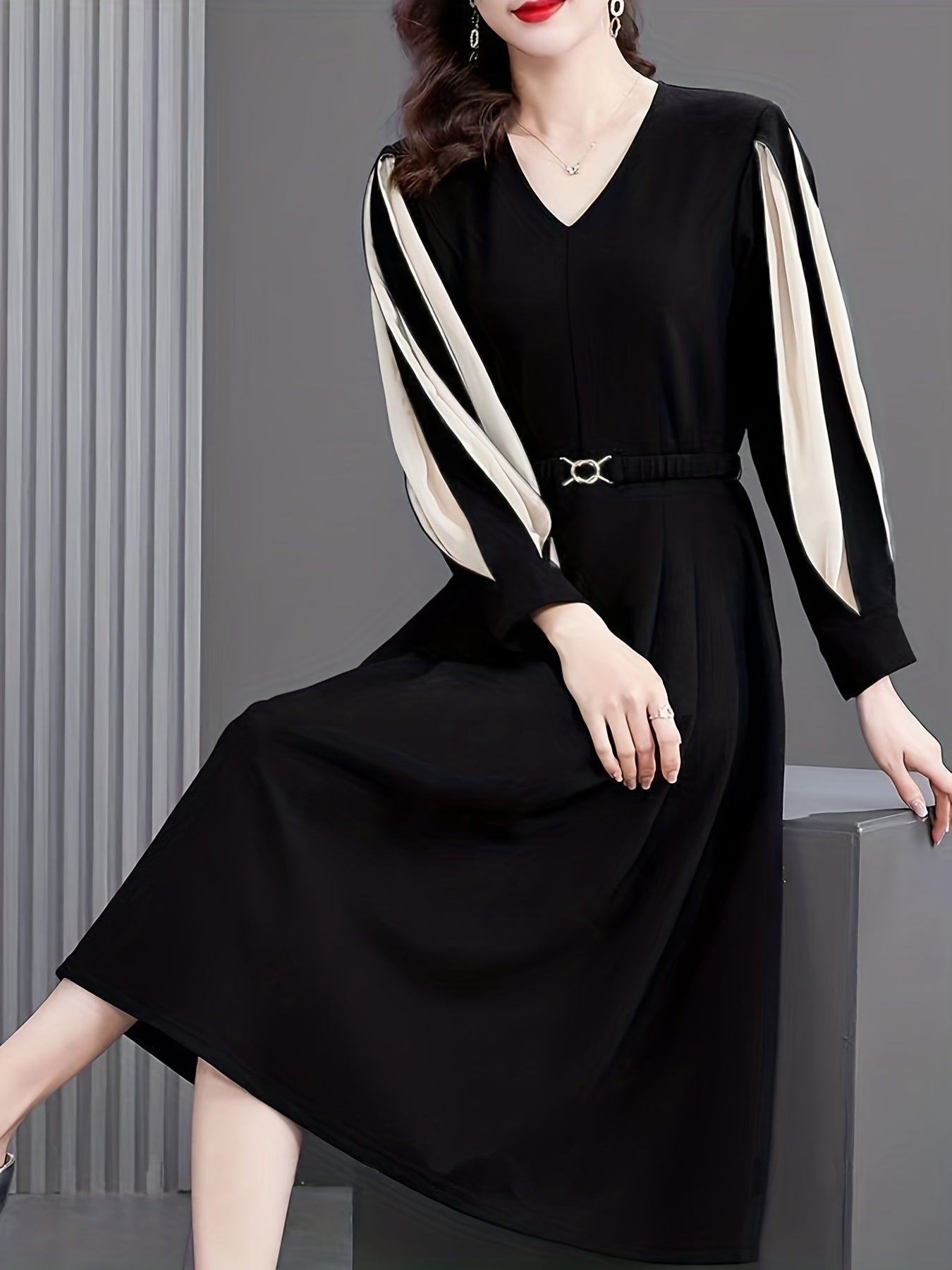 Vzyzv Color Block V Neck Dress, Casual Long Sleeve Versatile Dress, Women's Clothing