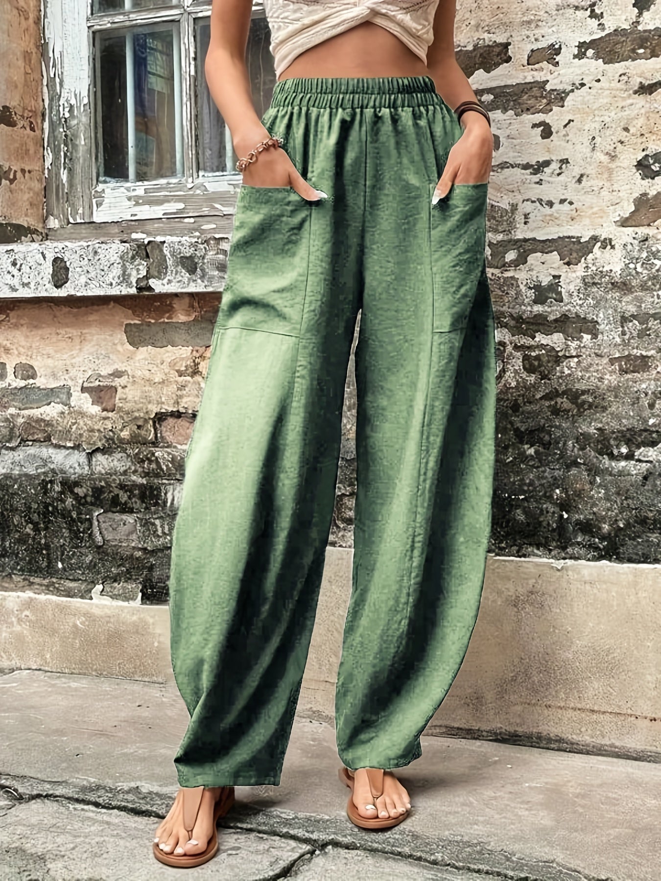 Vzyzv Boho Solid Elastic Waist Harem Pants, Casual Long Length Baggy Pants With Pockets For Spring & Summer, Women's Clothing