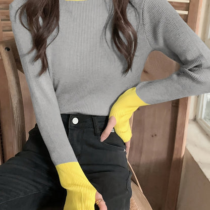 Vzyzv Color Block Crew Neck Knitted Top, Casual Long Sleeve Slim Sweater, Women's Clothing