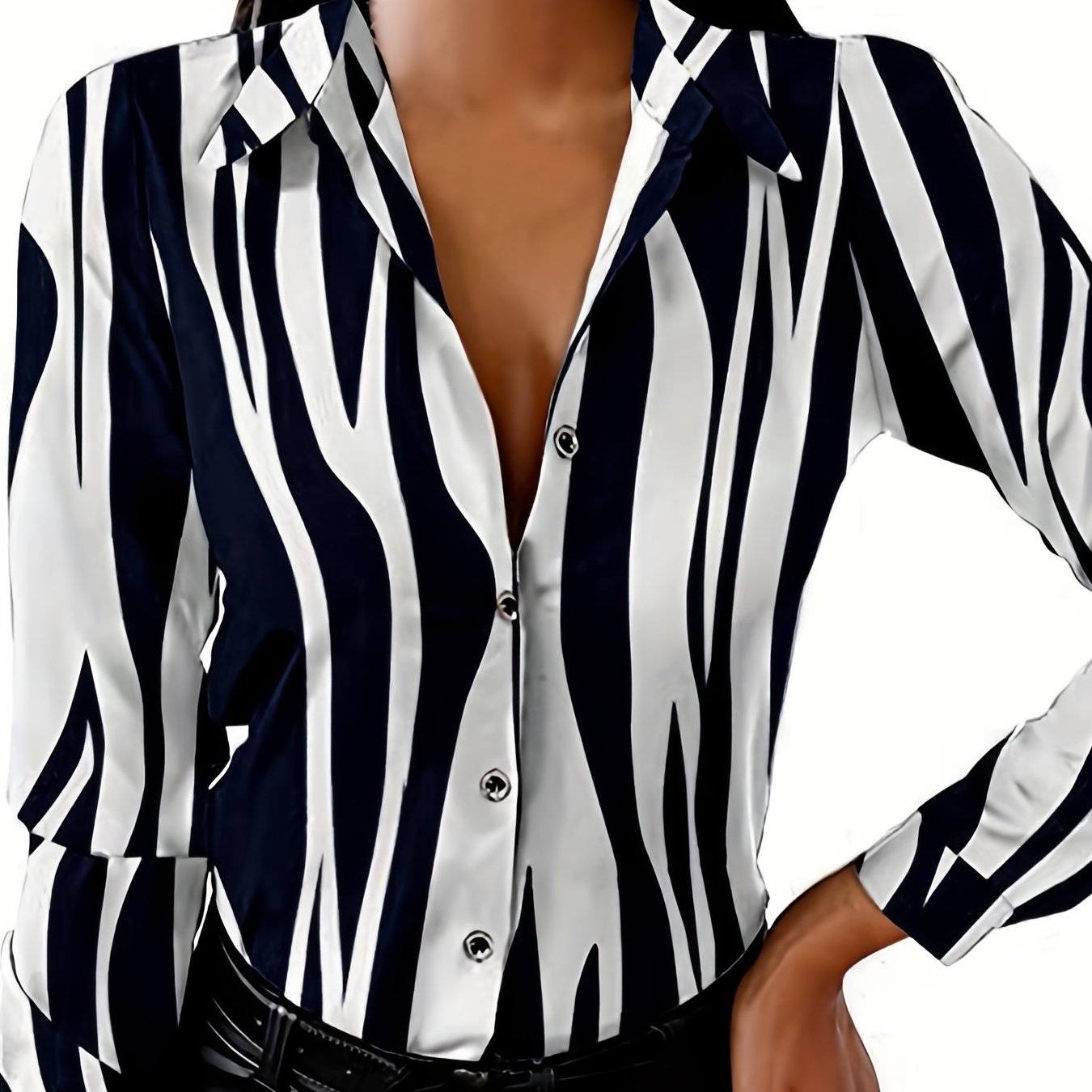 Vzyzv Abstract Ripple Print Shirt, Casual Button Front Long Sleeve Shirt, Women's Clothing