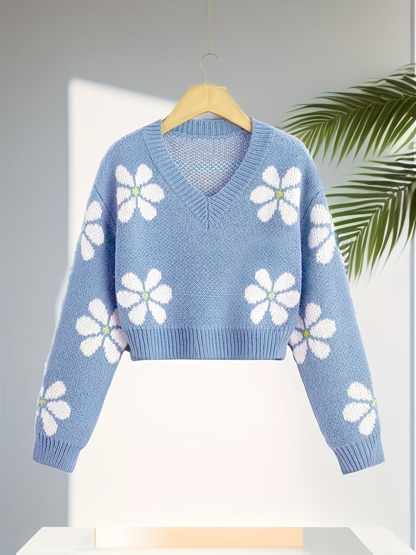 Vzyzv Floral Jacquard Girls Drop Shoulder V-neck Knitted Sweater For Fall Winter