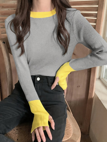 Vzyzv Color Block Crew Neck Knitted Top, Casual Long Sleeve Slim Sweater, Women's Clothing