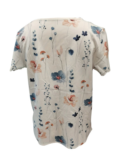 Vzyzv Floral Print Scallop Trim T-Shirt, Casual V Neck Short Sleeve T-Shirt For Spring & Summer, Women's Clothing