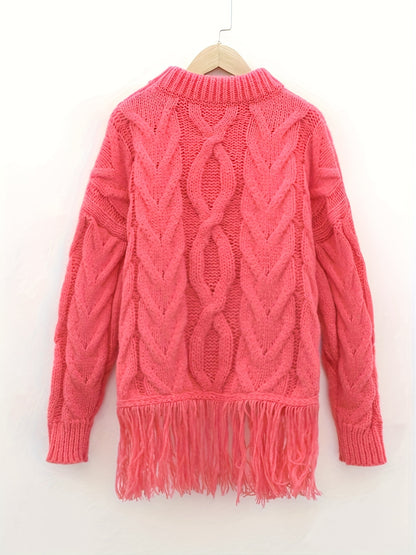 Vzyzv Tassel Hem Mock Neck Pullover Sweater, Casual Long Sleeve Sweater For Fall & Winter, Women's Clothing