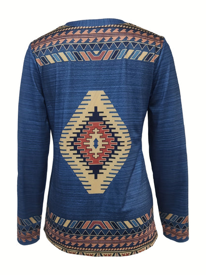 Vzyzv Aztec Print V Neck T-Shirt, Casual Long Sleeve T-Shirt For Spring & Fall, Women's Clothing