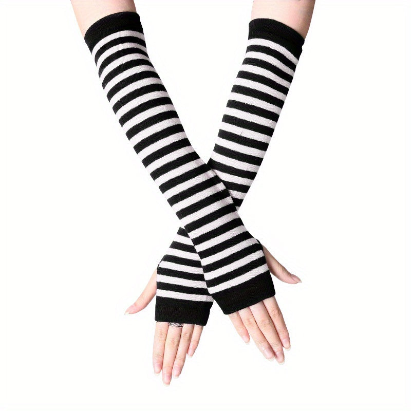 Vzyzv Hip Hop Stripe Print Gloves Trendy Cartoon Y2K Long Sleeve Half Fingerless Sunscreen Wrist Sleeve