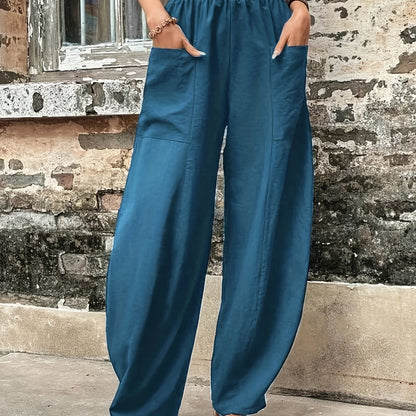 Vzyzv Boho Solid Elastic Waist Harem Pants, Casual Long Length Baggy Pants With Pockets For Spring & Summer, Women's Clothing