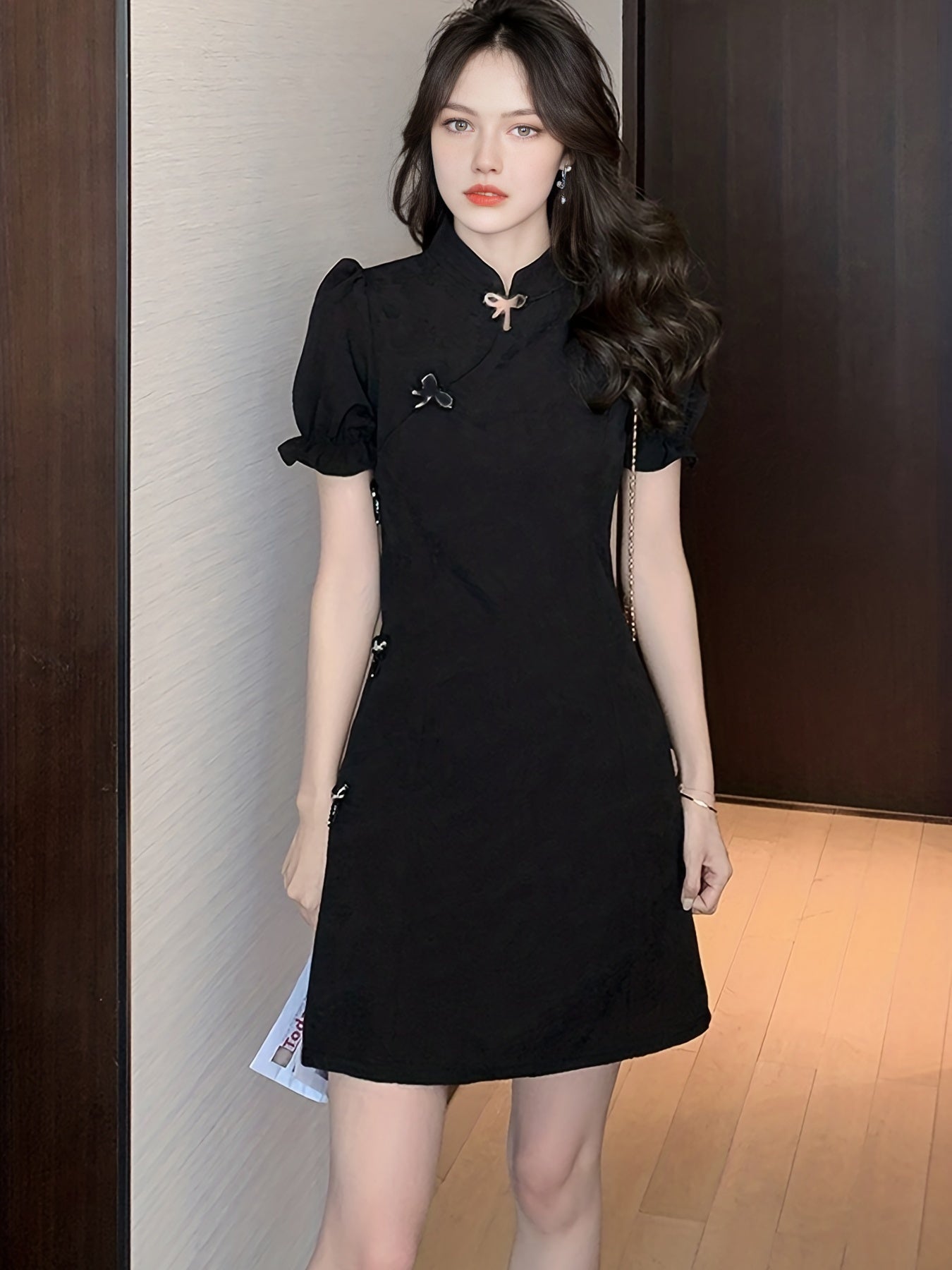 VzyzvRuffle Trim Solid Cheongsam Dress, Elegant Short Sleeve Stand Collar Bodycon Qipao Dress, Women's Clothing