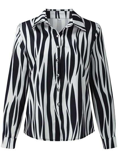 Vzyzv Abstract Ripple Print Shirt, Casual Button Front Long Sleeve Shirt, Women's Clothing
