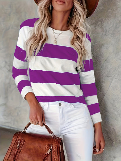 Vzyzv Versatile Long Sleeve Striped T-Shirt, Crew Neck Casual Top For Spring & Fall, Women's Clothing