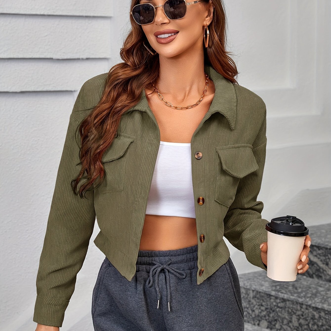Vzyzv Corduroy Button Front Jacket, Casual Long Sleeve Outwear For Fall & Winter, Women's Clothing