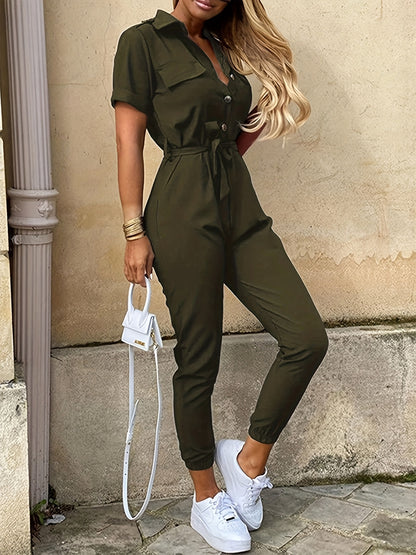 Vzyzv Y2K Solid Lapel Button Down Short Sleeve Tie Waist Cargo Jumpsuit, Casual Long Length Pockets Rompers Overalls, Women's Clothing