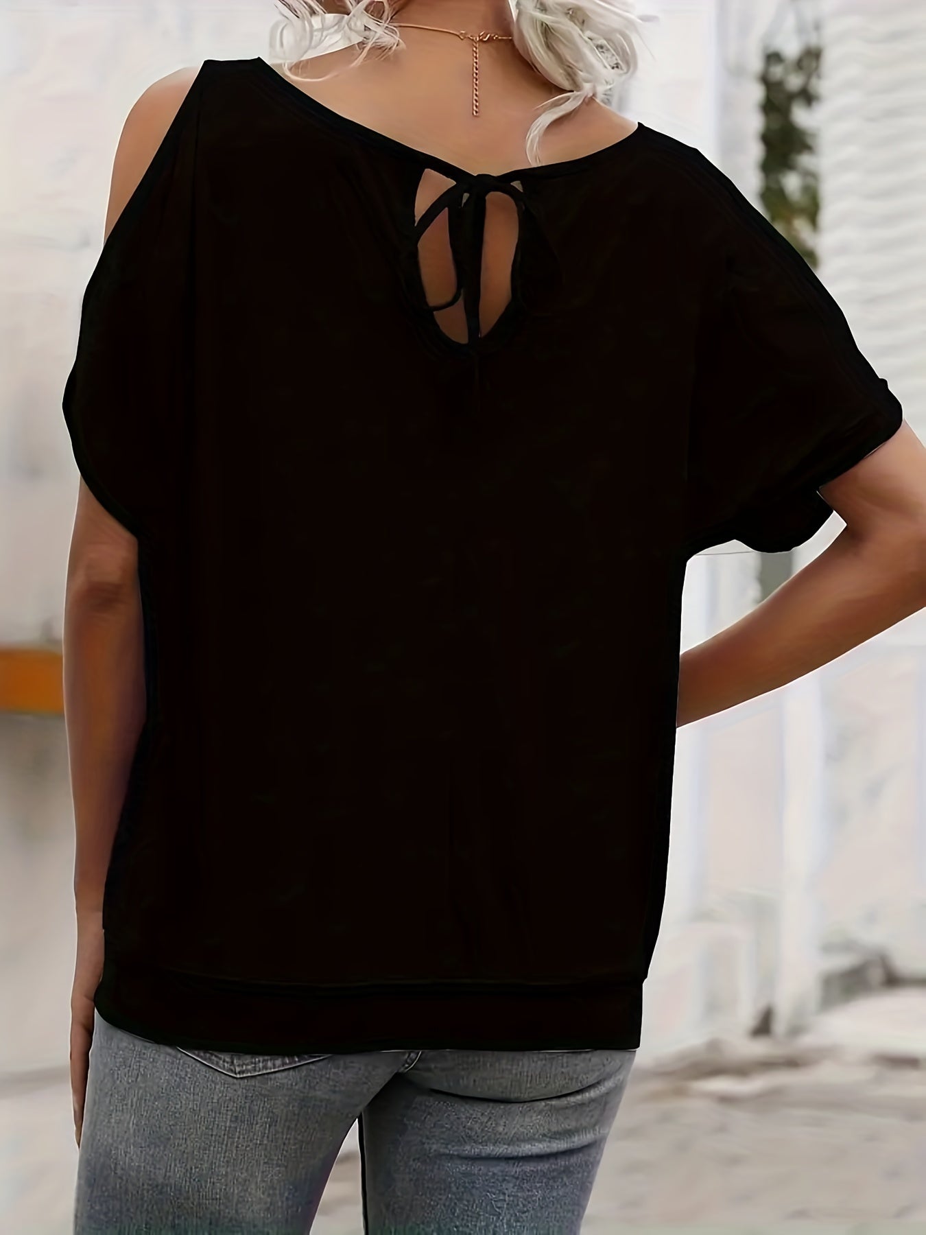 Vzyzv Plus Size Elegant T-shirt, Women's Plus Solid Cut Out Batwing Sleeve Round Neck Tie Back Slight Stretch T-shirt