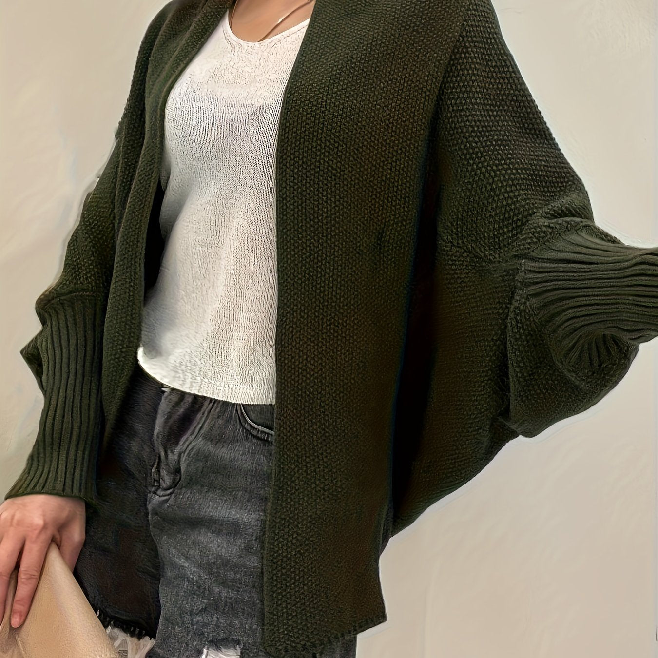 Vzyzv Solid Open Front Knit Cardigan, Elegant Batwing Sleeve Loose Sweater, Women's Clothing