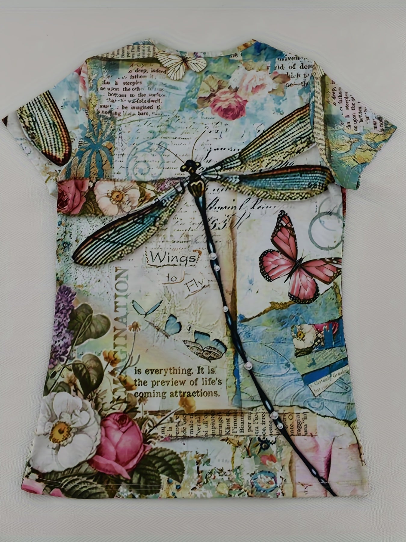 Romildi Vzyzv Dragonfly Print T-Shirt, Short Sleeve V Neck Random Print Casual Top For Summer & Spring, Women's Clothing