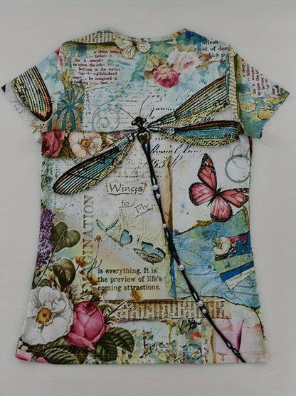 Romildi Vzyzv Dragonfly Print T-Shirt, Short Sleeve V Neck Random Print Casual Top For Summer & Spring, Women's Clothing