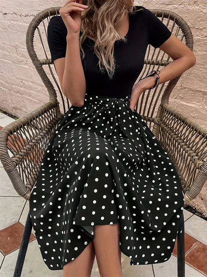 Vzyzv Polka Dot Print Splicing Dress, Casual Crew Neck Short Sleeve Dress, Women's Clothing