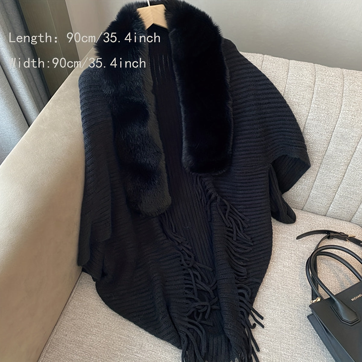 Vzyzv Winter Faux Fur Collar Shawl Cape Solid Color Warm Shawl Coat Casual Loose Outer Wear Knit Shawl Wrap