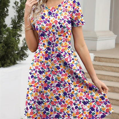 Vzyzv Floral Print Crew Neck Dress, Vintage Short Sleeve Dress For Spring & Summer, Women's Clothing