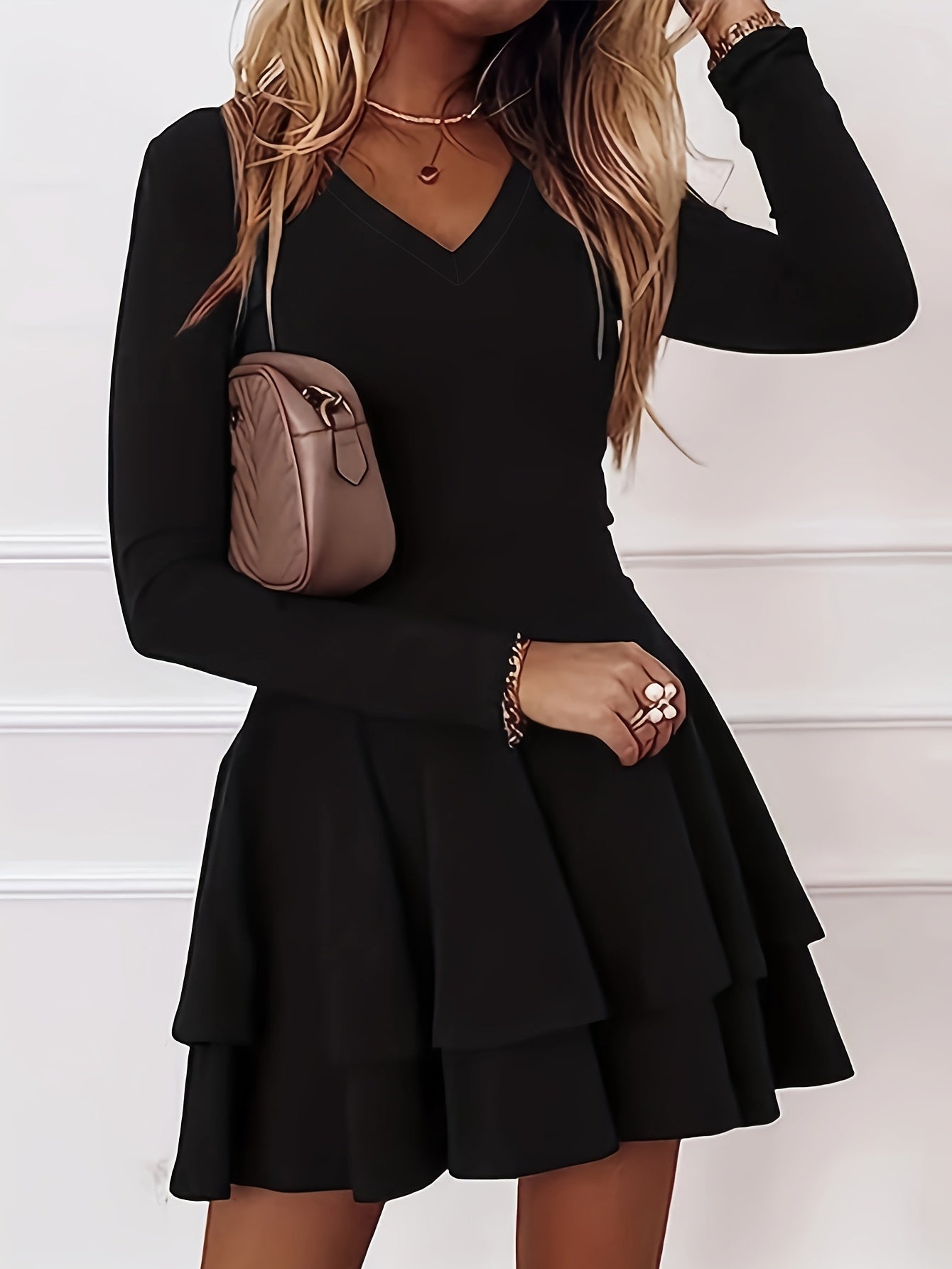 Vzyzv Solid Layered Dress, Casual V Neck Long Sleeve Dress, Women's Clothing