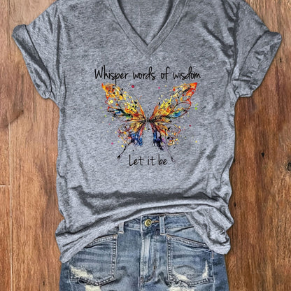 Vzyzv Letter & Butterfly Print T-Shirt, V Neck Short Sleeve T-Shirt, Casual Every Day Tops, Women's Clothing