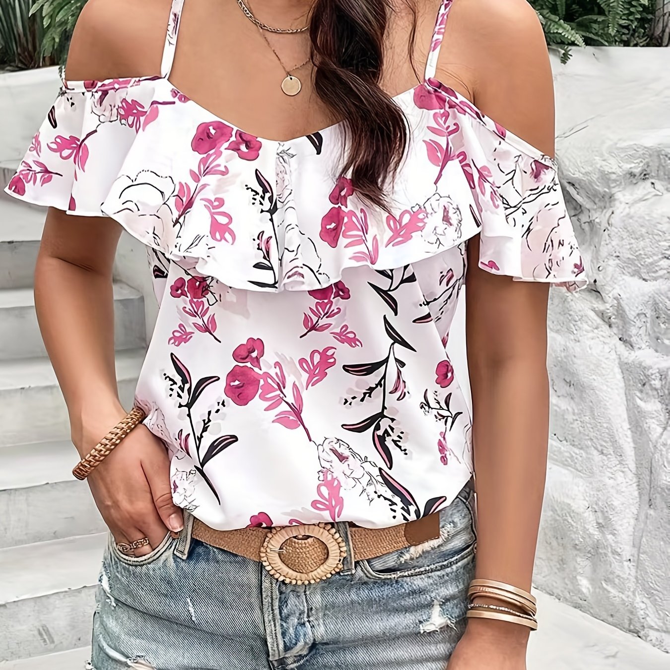 Vzyzv Boho Floral Print Spaghetti Blouse , Vacation Cold Shoulder Ruffle Trim Summer Tops , Women's Clothing