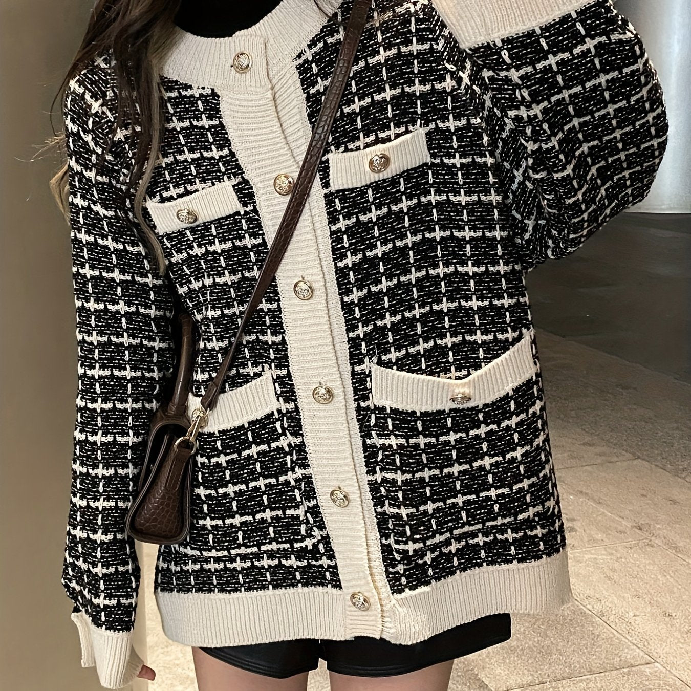 Vzyzv Preppy Plaid Pattern Button Up Pocket Cardigan, Casual Long Sleeve Cardigan For Fall & Winter, Women's Clothing