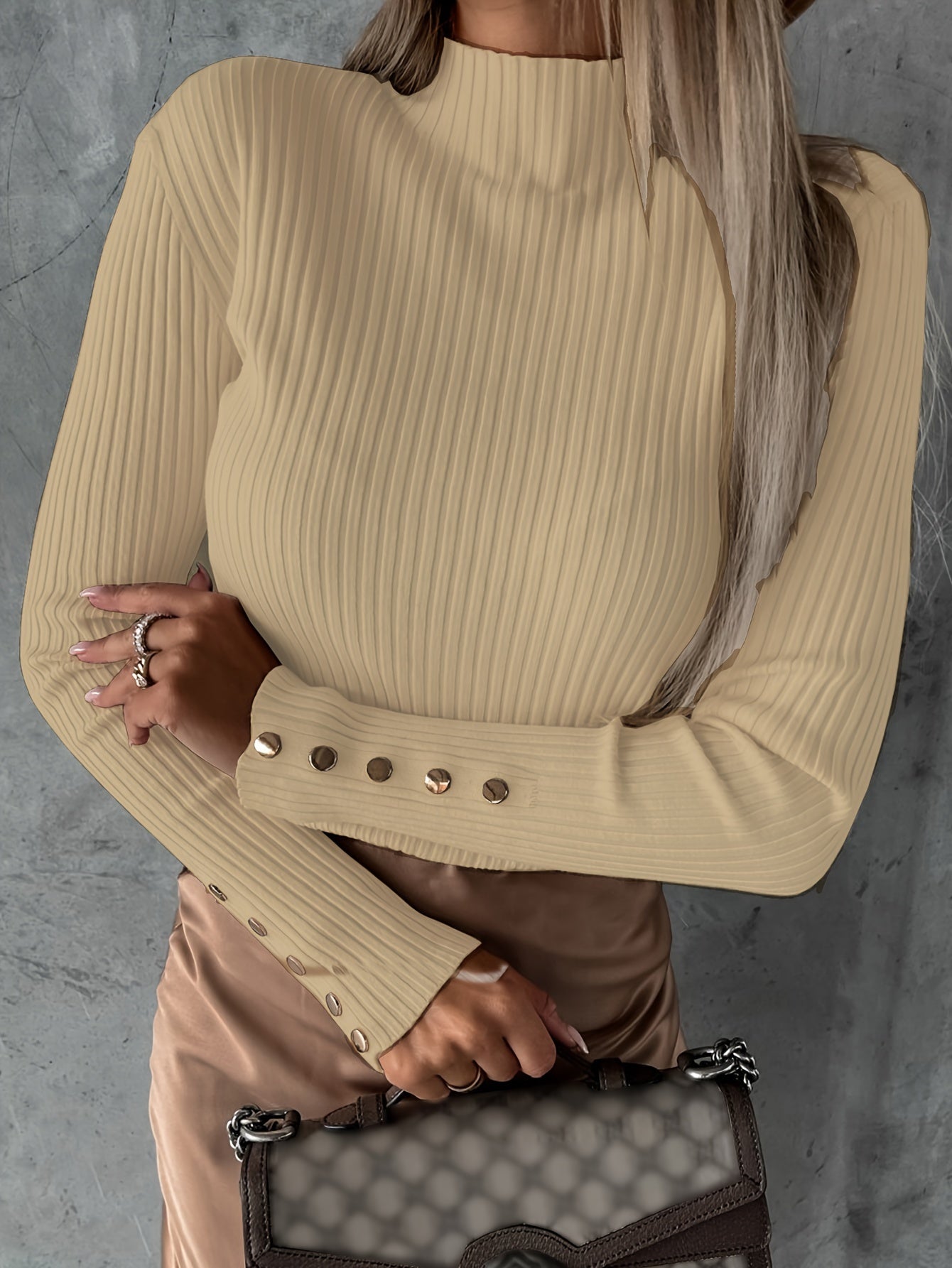 Vzyzv High Neck Ribbed Thin Fabric Top, Casual Button Long Sleeve Pullover, Women's Clothing