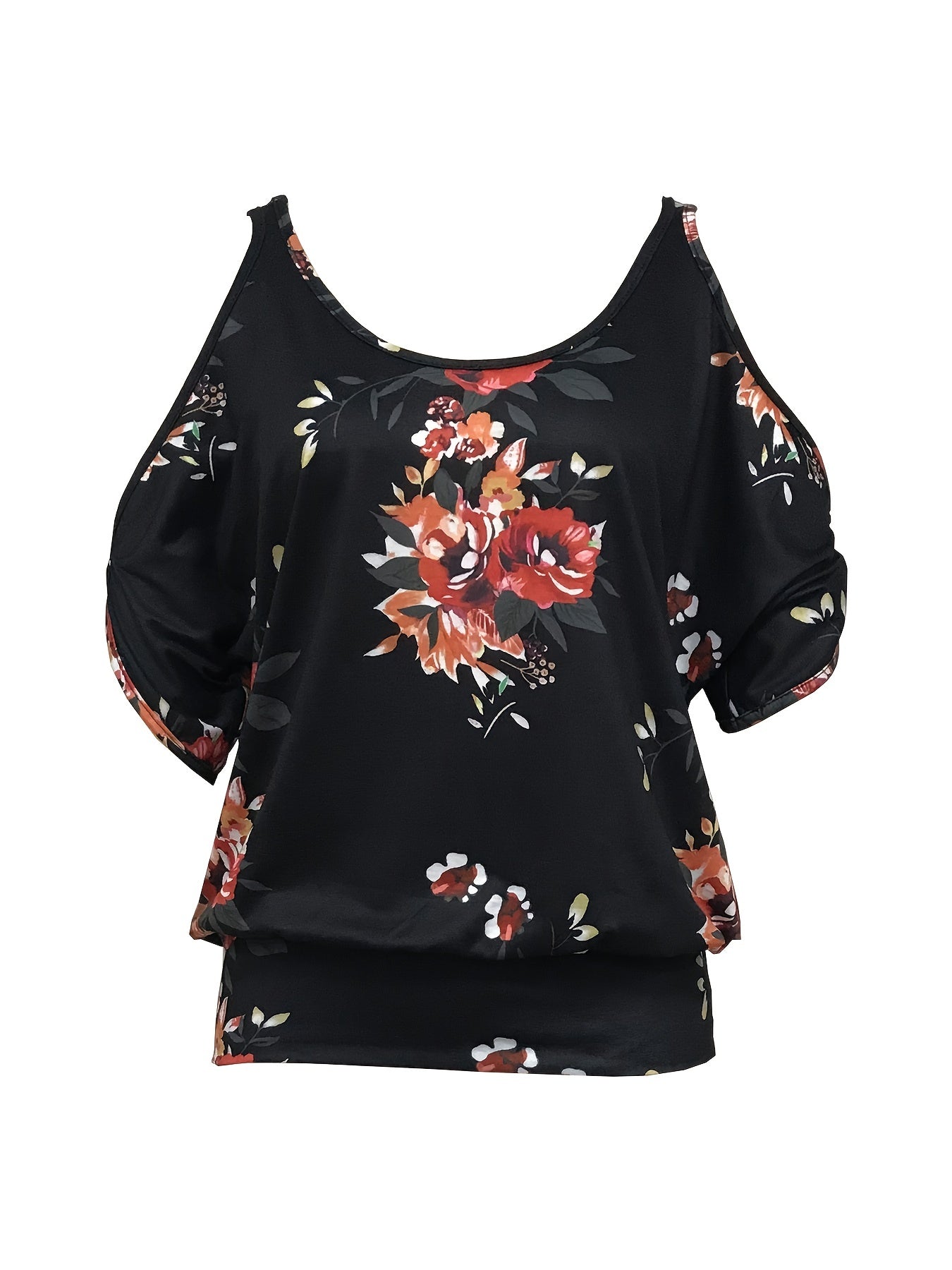 Vzyzv Floral Print Cold Shoulder T-Shirt, Casual Cutout Short Sleeve Top For Spring & Summer, Women's Clothing